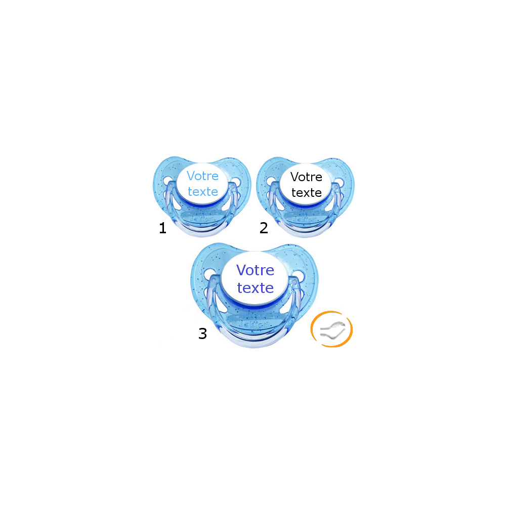 Lot de 3 Sucettes personnalisées à paillette bleu (physiologique) Lot de 3 Sucettes personnalisées à paillette bleu (physiologique)